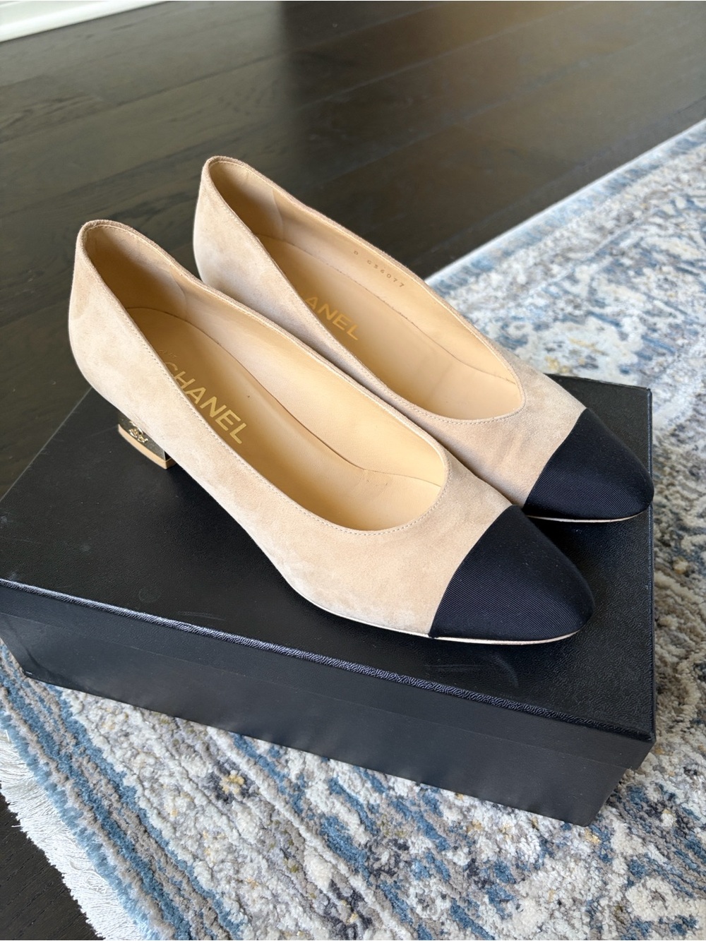 CHANEL Beige Suede Pumps with Black Cap Toe - Picture 9 of 11